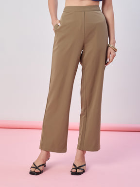 Latin Quarters Women's Beige Solid Casual Straight Fit High Waist Pant