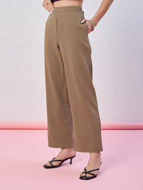 Latin Quarters Women's Beige Solid Casual Straight Fit High Waist Pant