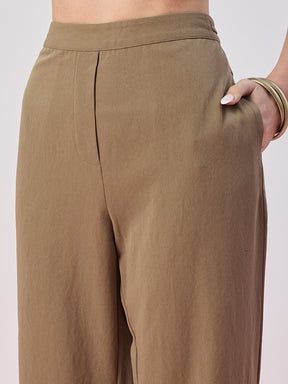 Latin Quarters Women's Beige Solid Casual Straight Fit High Waist Pant