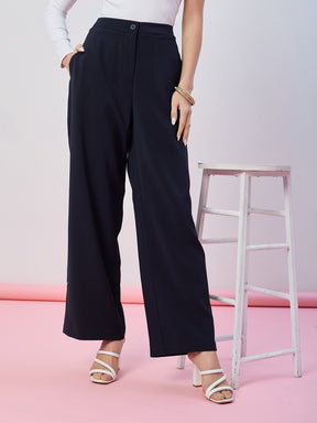 Latin Quarters Women's Blue Solid Casual Straight Fit High Waist Pant