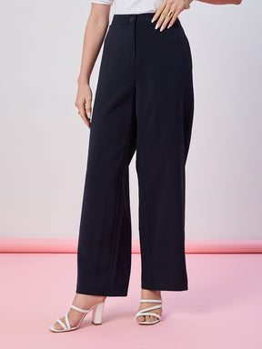 Latin Quarters Women's Blue Solid Casual Straight Fit High Waist Pant
