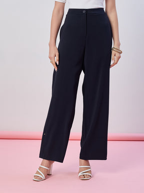 Latin Quarters Women's Blue Solid Casual Straight Fit High Waist Pant