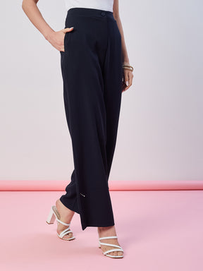 Latin Quarters Women's Blue Solid Casual Straight Fit High Waist Pant