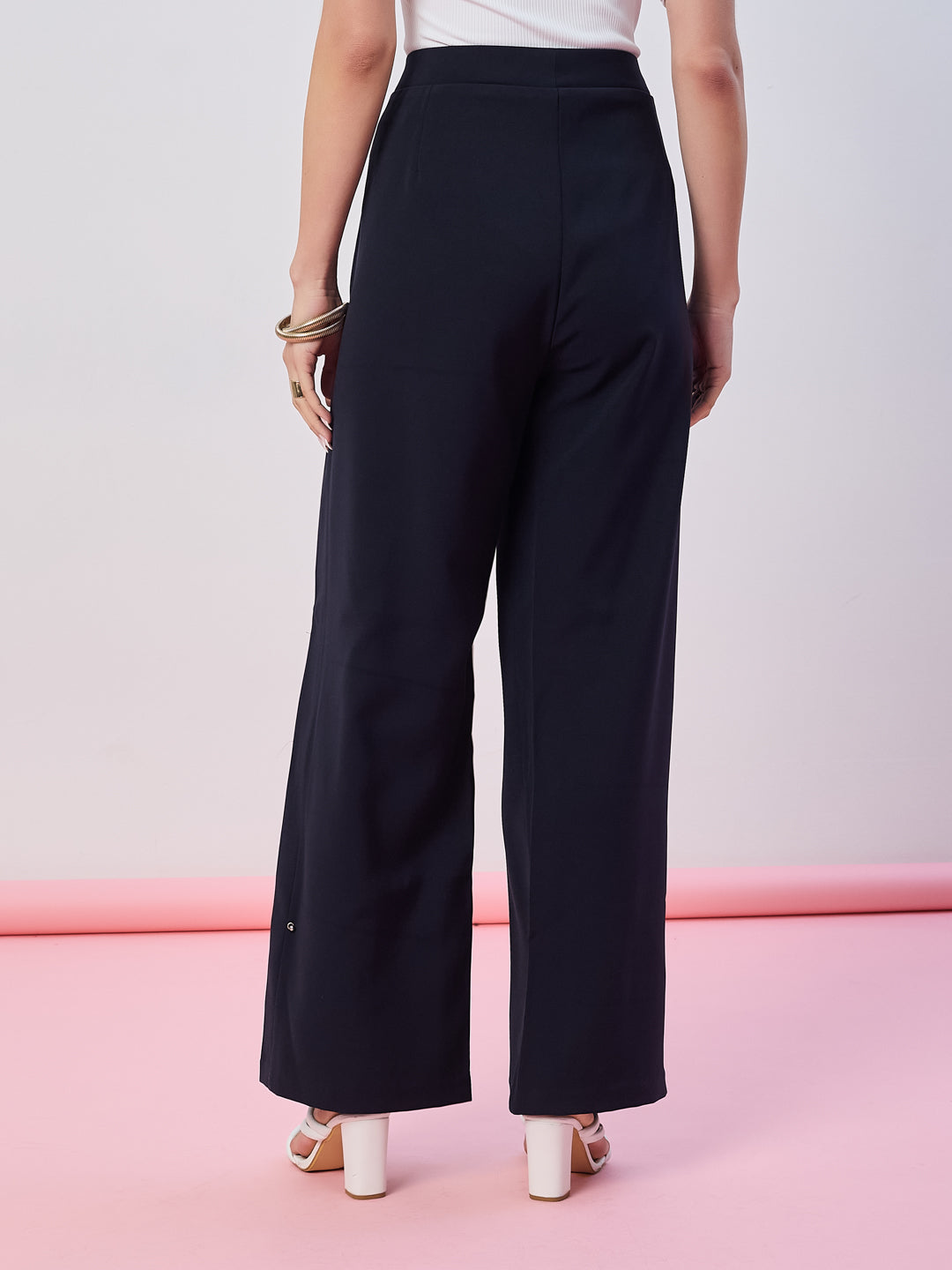 Latin Quarters Women's Blue Solid Casual Straight Fit High Waist Pant