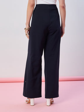 Latin Quarters Women's Blue Solid Casual Straight Fit High Waist Pant