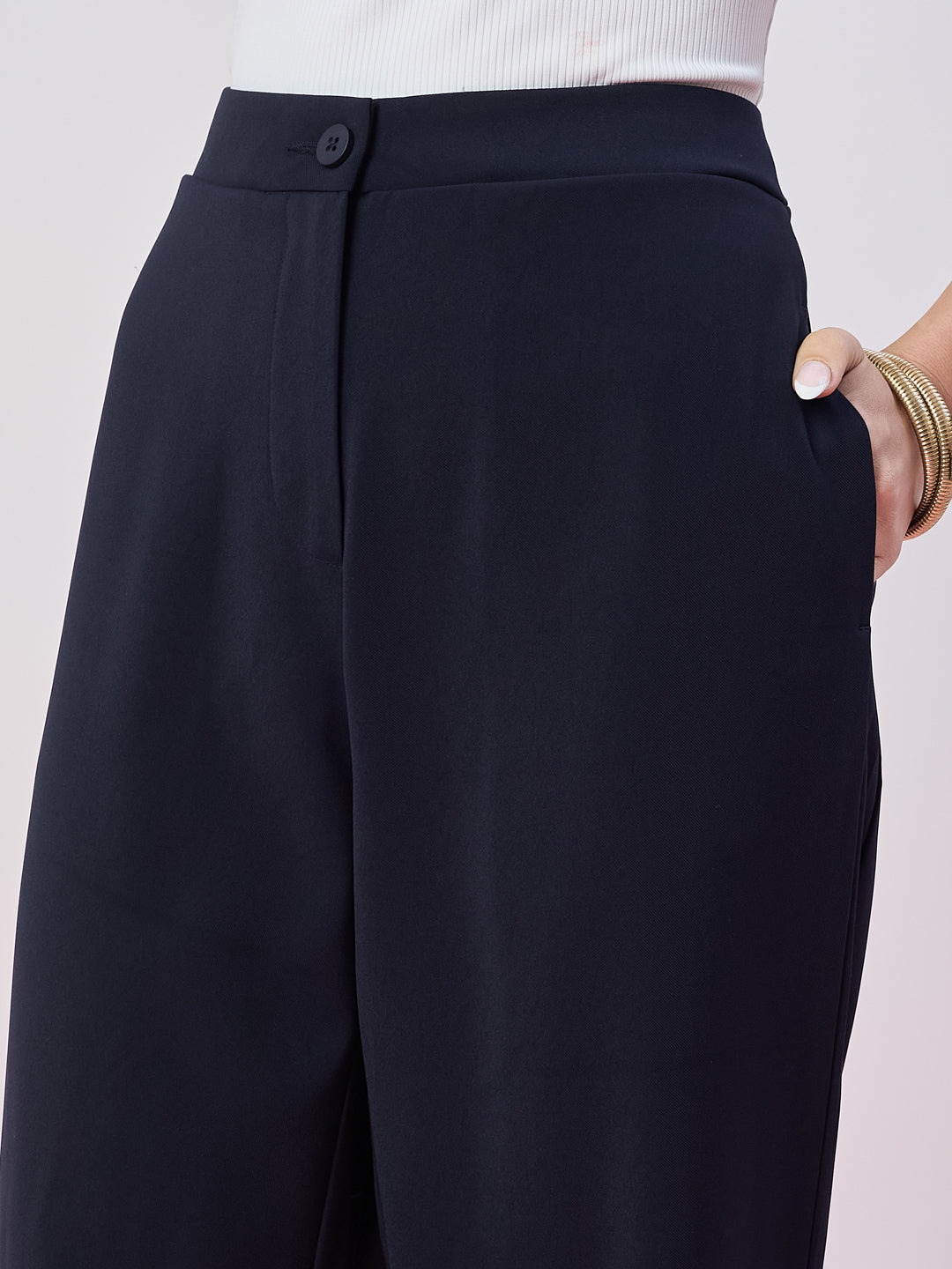 Latin Quarters Women's Blue Solid Casual Straight Fit High Waist Pant