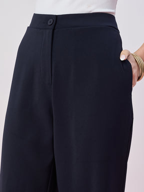 Latin Quarters Women's Blue Solid Casual Straight Fit High Waist Pant