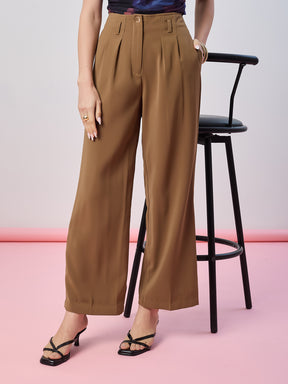 Latin Quarters Women's Brown Solid Casual Wide Leg High Waist Pant