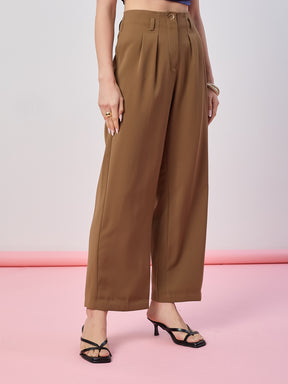 Latin Quarters Women's Brown Solid Casual Wide Leg High Waist Pant