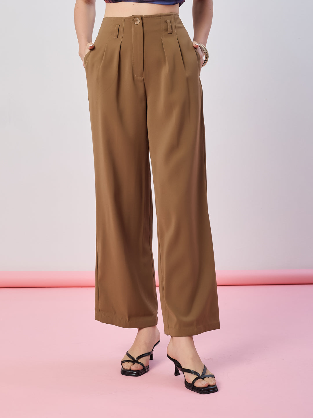 Latin Quarters Women's Brown Solid Casual Wide Leg High Waist Pant