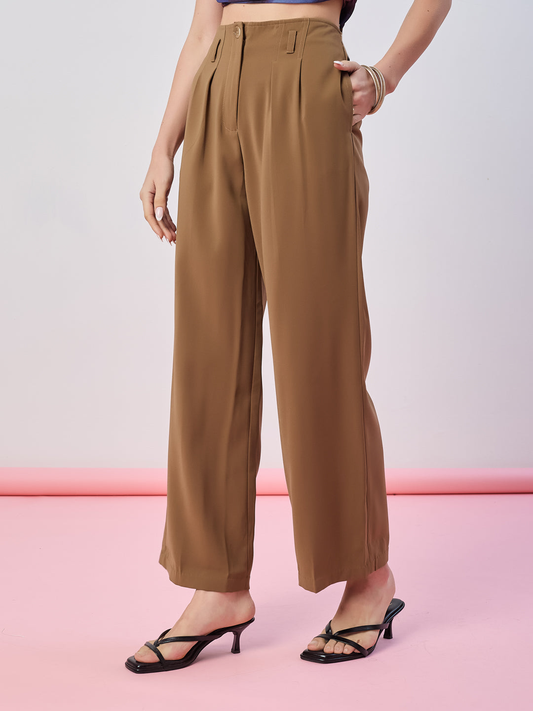 Latin Quarters Women's Brown Solid Casual Wide Leg High Waist Pant
