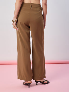 Latin Quarters Women's Brown Solid Casual Wide Leg High Waist Pant