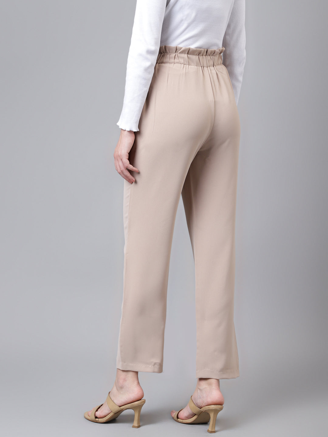 Beige Solid Long Straight Pant