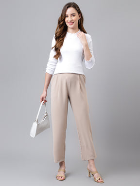 Beige Solid Long Straight Pant