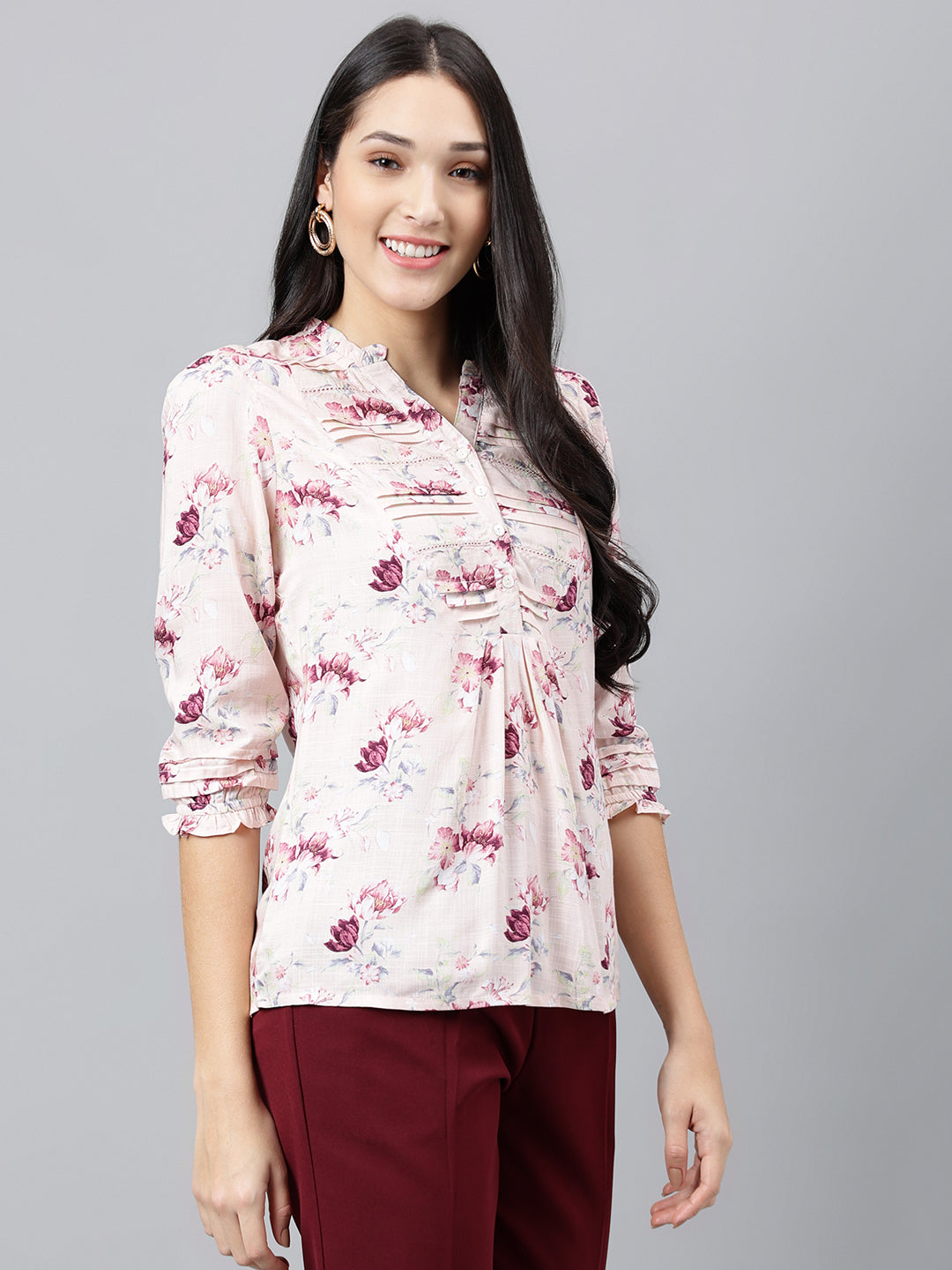 Pink Printed 3/4 Sleeve Casual Tunic Top