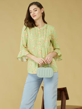 Green 3/4 Sleeve Printed Pleated Tunic