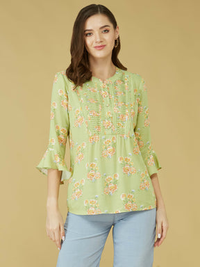 Green 3/4 Sleeve Printed Pleated Tunic