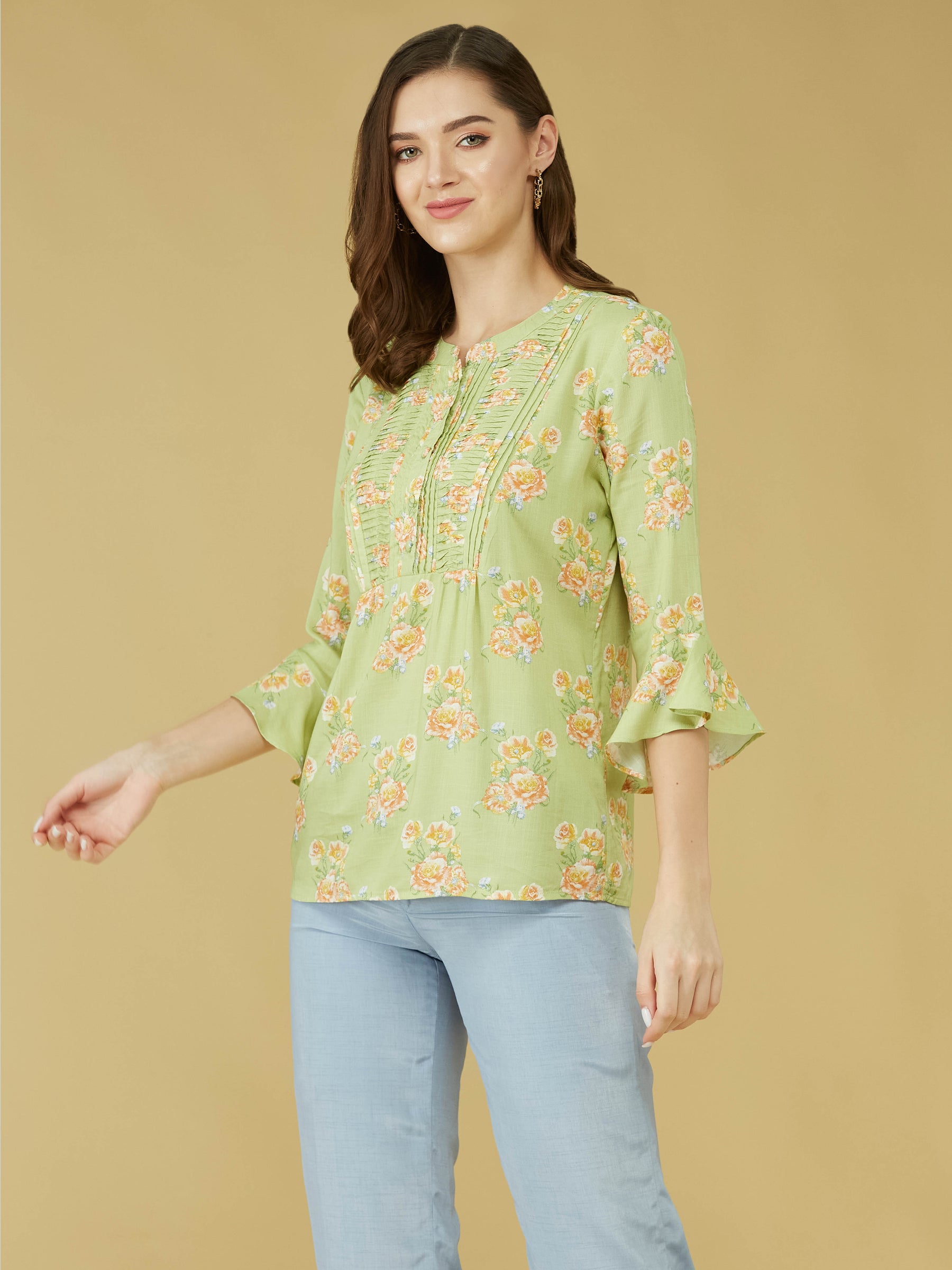 Green 3/4 Sleeve Printed Pleated Tunic