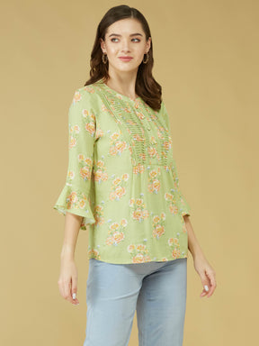 Green 3/4 Sleeve Printed Pleated Tunic