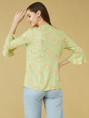 Green 3/4 Sleeve Printed Pleated Tunic