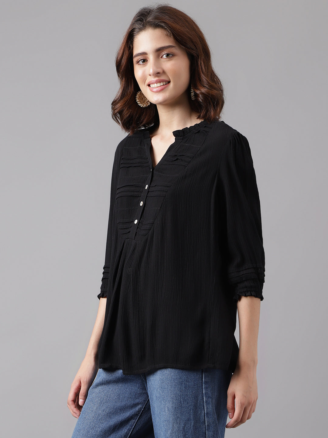 Black 3/4 Sleeve Solid Straight Tunic Tops For Women & Girls