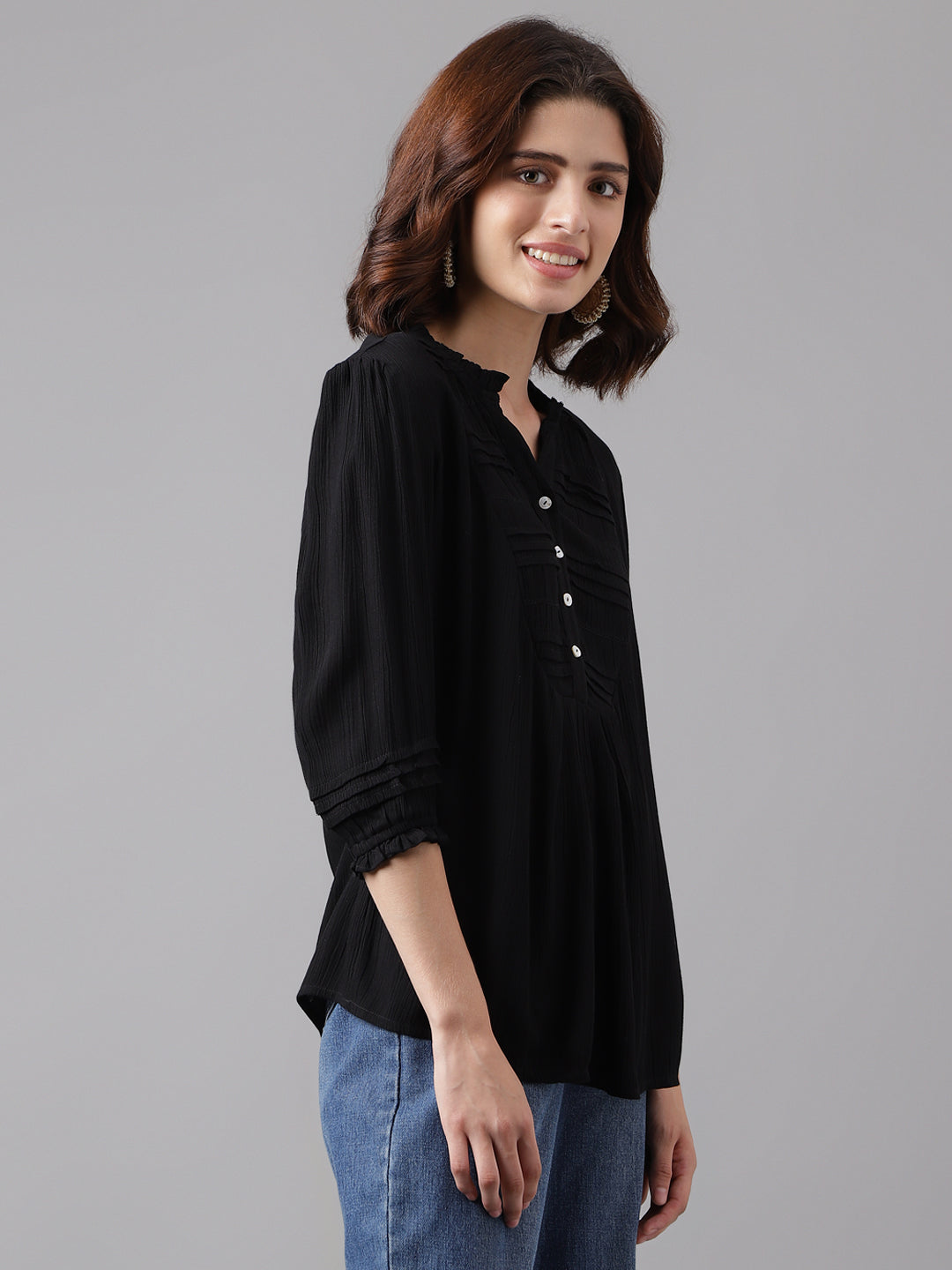 Black 3/4 Sleeve Solid Straight Tunic Tops For Women & Girls