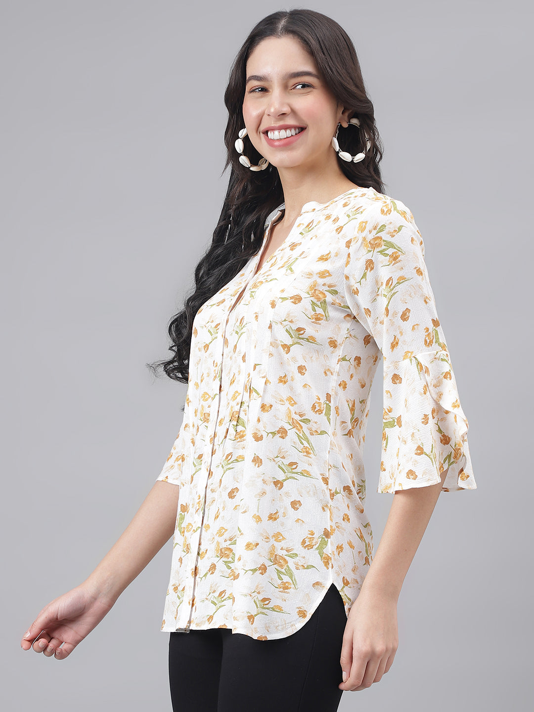 Yellow 3/4 Sleeve Mandarin Collar Women Floral Top