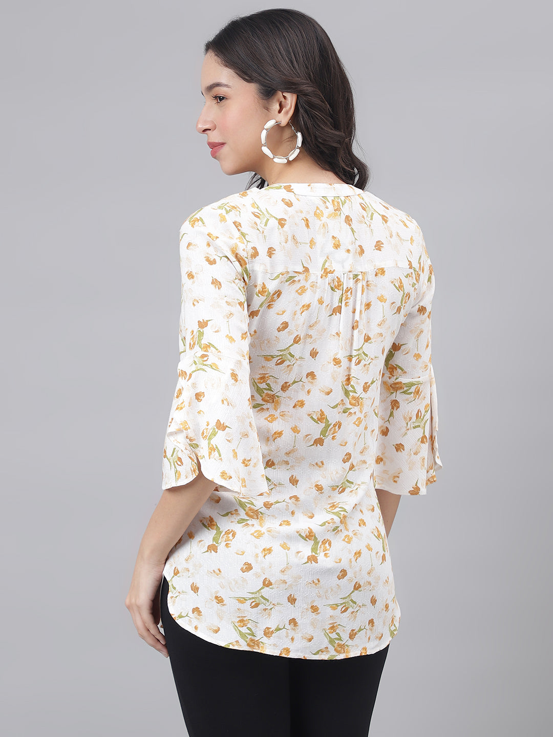 Yellow 3/4 Sleeve Mandarin Collar Women Floral Top