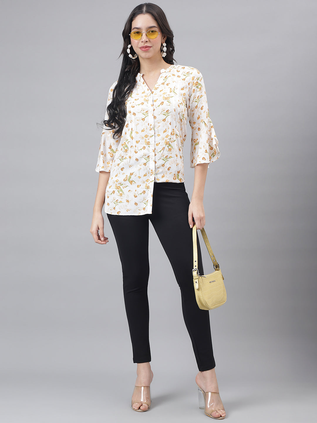 Yellow 3/4 Sleeve Mandarin Collar Women Floral Top