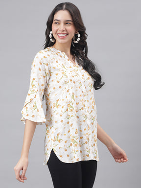 Yellow 3/4 Sleeve Mandarin Collar Women Floral Top