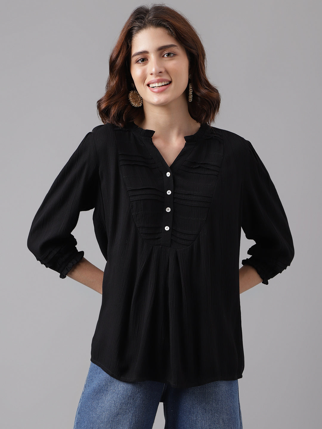 Latin Quarters Women's Black 3/4Th Sleeve Solid Mandarin Casual Tunic