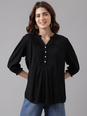 Latin Quarters Women's Black 3/4Th Sleeve Solid Mandarin Casual Tunic