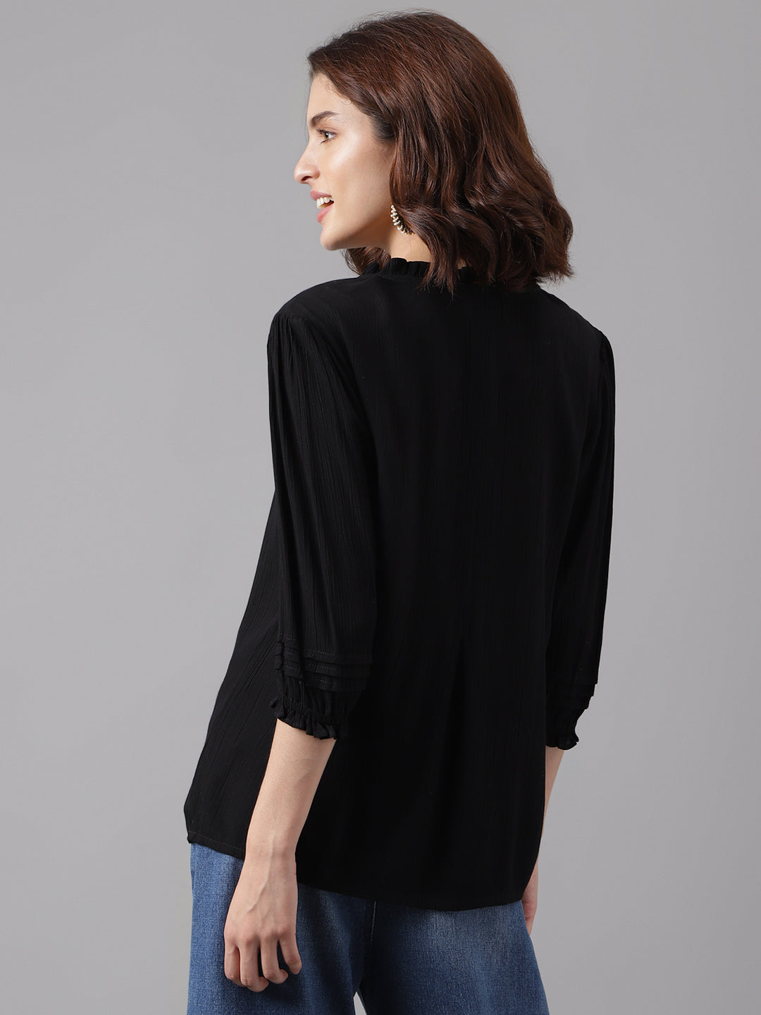 Latin Quarters Women's Black 3/4Th Sleeve Solid Mandarin Casual Tunic