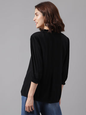 Latin Quarters Women's Black 3/4Th Sleeve Solid Mandarin Casual Tunic