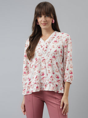 Pink V Neck 3/4 Sleeves Printed Top For Casual Wear