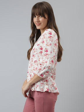 Pink V Neck 3/4 Sleeves Printed Top For Casual Wear