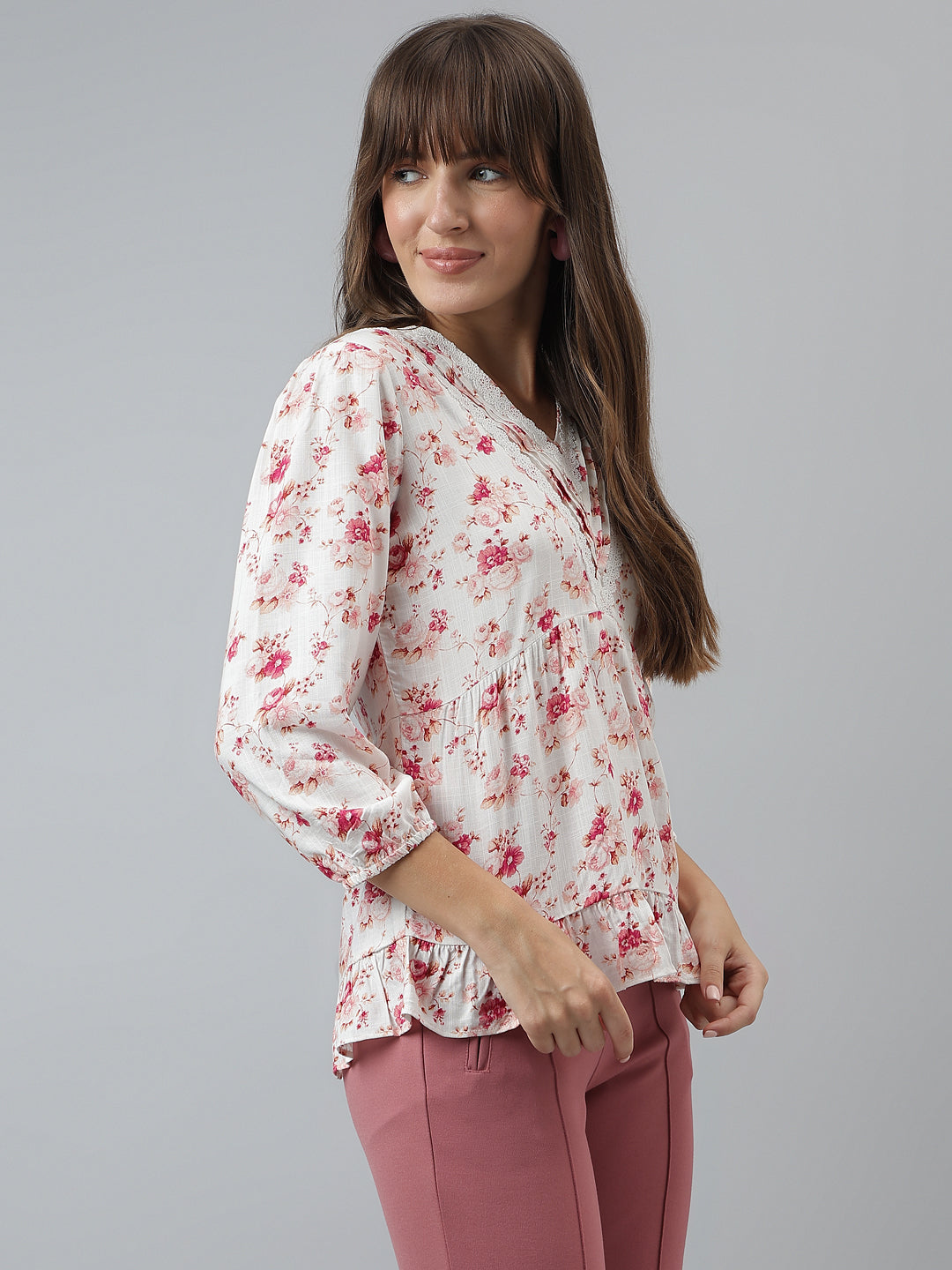 Pink V Neck 3/4 Sleeves Printed Top For Casual Wear