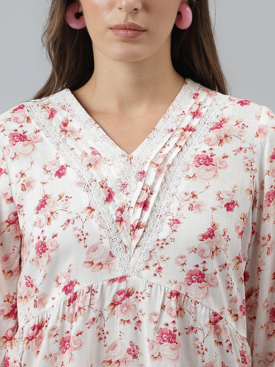 Pink V Neck 3/4 Sleeves Printed Top For Casual Wear