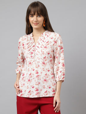 Pink V Neck Three Quarter Sleeves Printed Top For Casual Wear