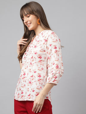 Pink V Neck Three Quarter Sleeves Printed Top For Casual Wear