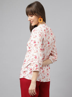 Pink V Neck Three Quarter Sleeves Printed Top For Casual Wear