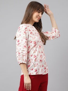 Pink V Neck Three Quarter Sleeves Printed Top For Casual Wear