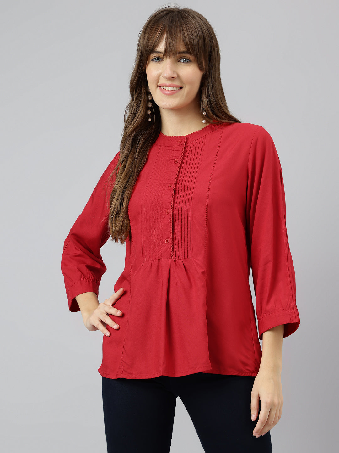 Red Round Neck Three Quarter Sleeves Solid Top For Casual Wear