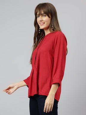 Red Round Neck Three Quarter Sleeves Solid Top For Casual Wear