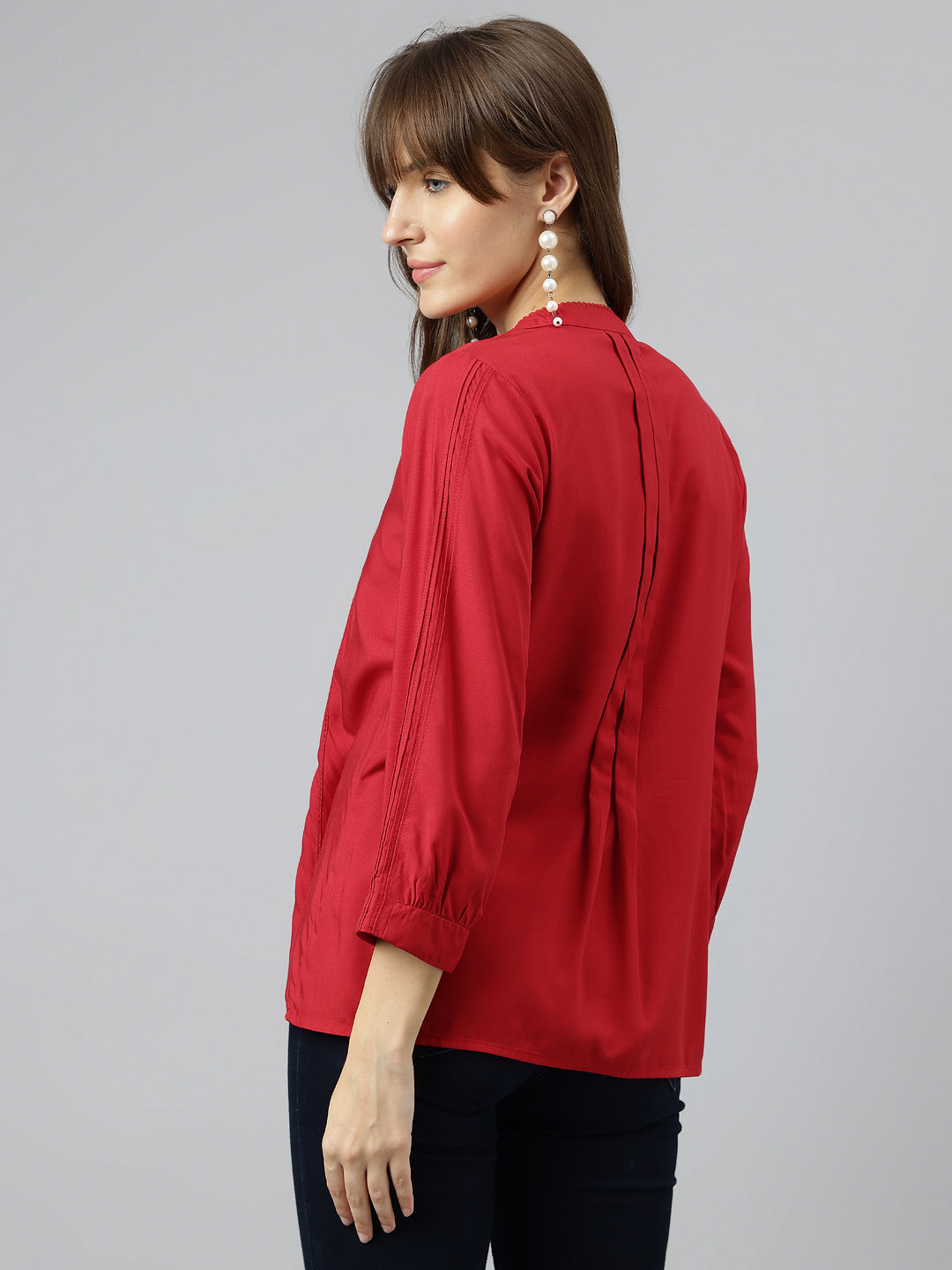 Red Round Neck Three Quarter Sleeves Solid Top For Casual Wear