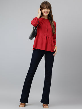 Red Round Neck Three Quarter Sleeves Solid Top For Casual Wear