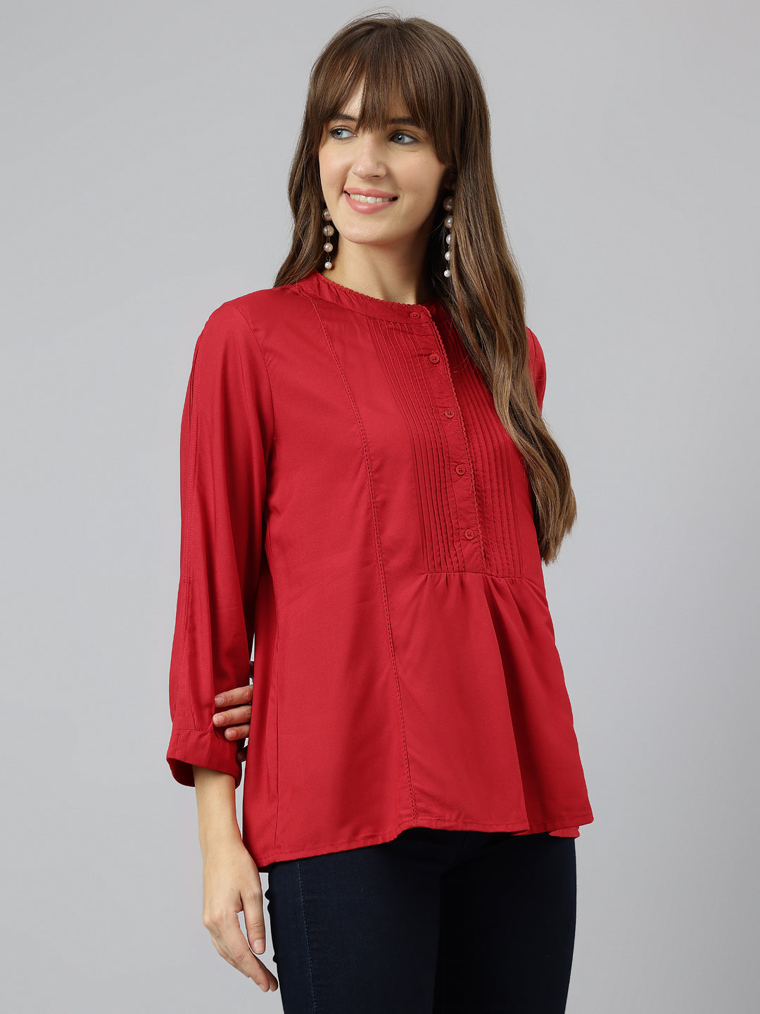 Red Round Neck Three Quarter Sleeves Solid Top For Casual Wear