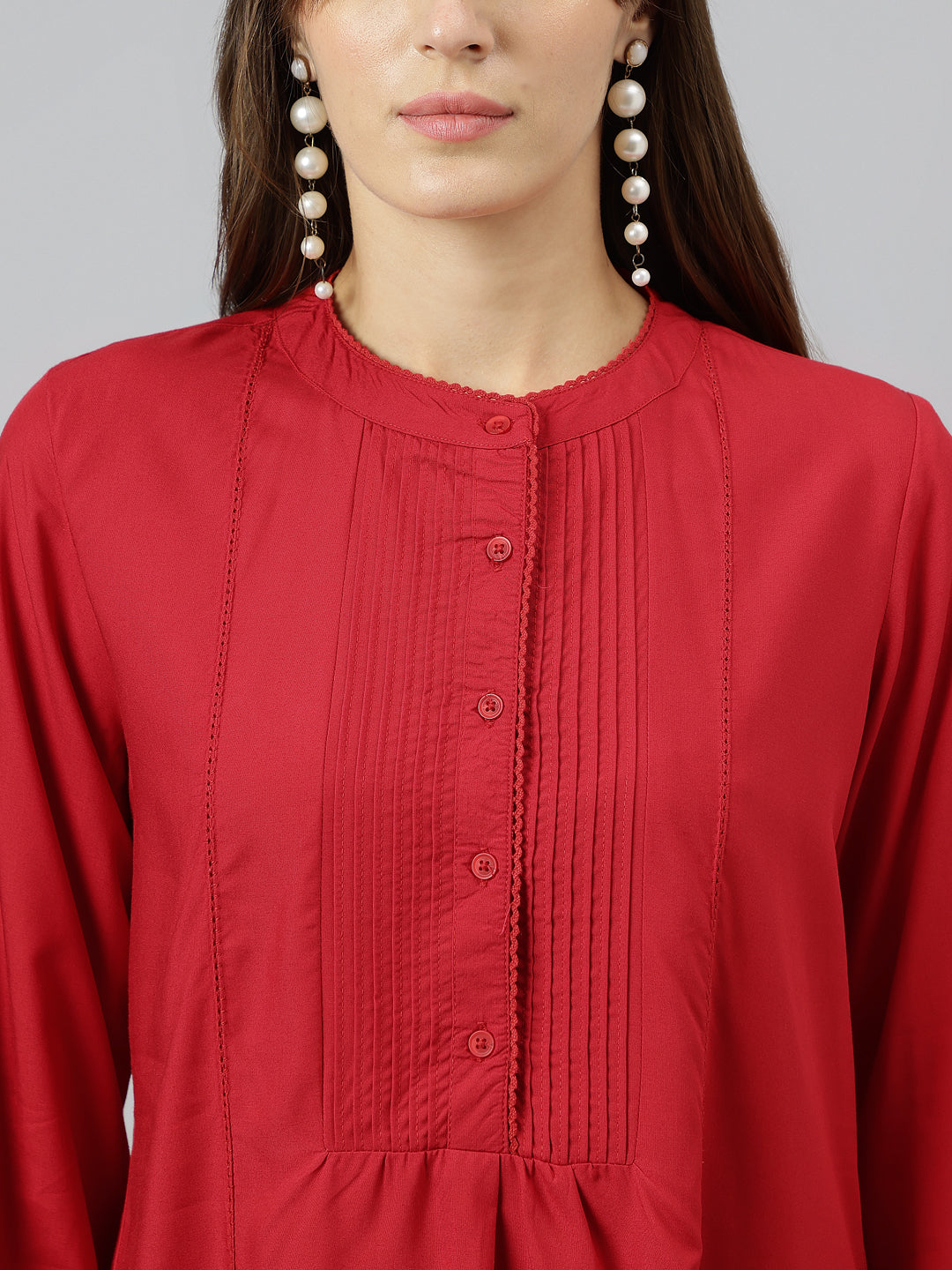 Red Round Neck Three Quarter Sleeves Solid Top For Casual Wear