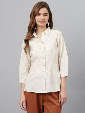 Beige Shirt Collar Three-Quarter Sleeves Solid Shirt For Casual Wear