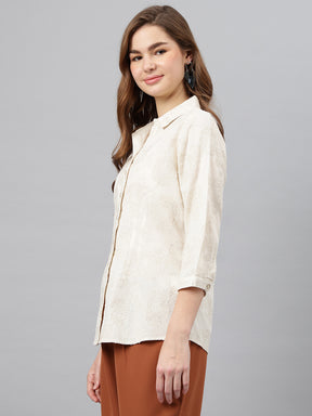 Beige Shirt Collar Three-Quarter Sleeves Solid Shirt For Casual Wear